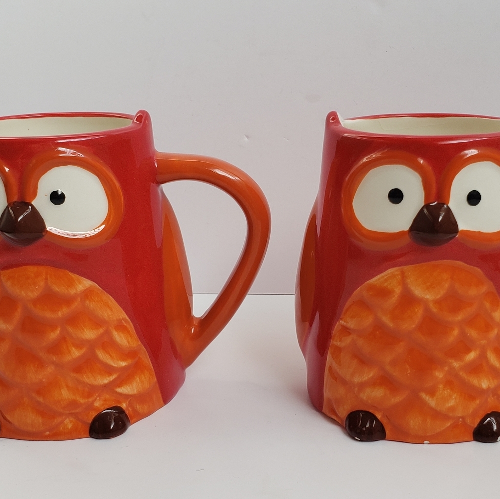 Tag Ceramic Red Orange Owl Coffee Tea Cup Mug Set